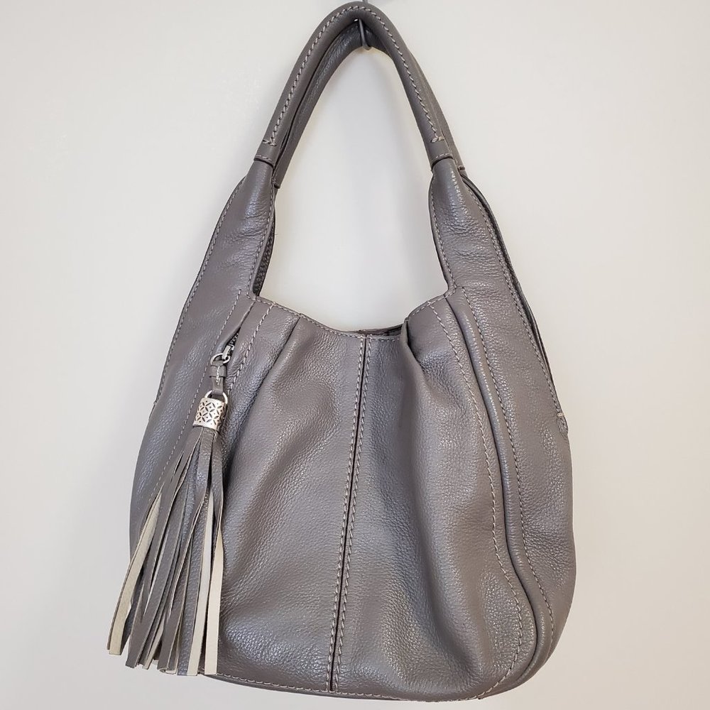 Brighton 2 handle shoulder Purse Satchel Hobo Bag Taupe Leather Tassel Zipper